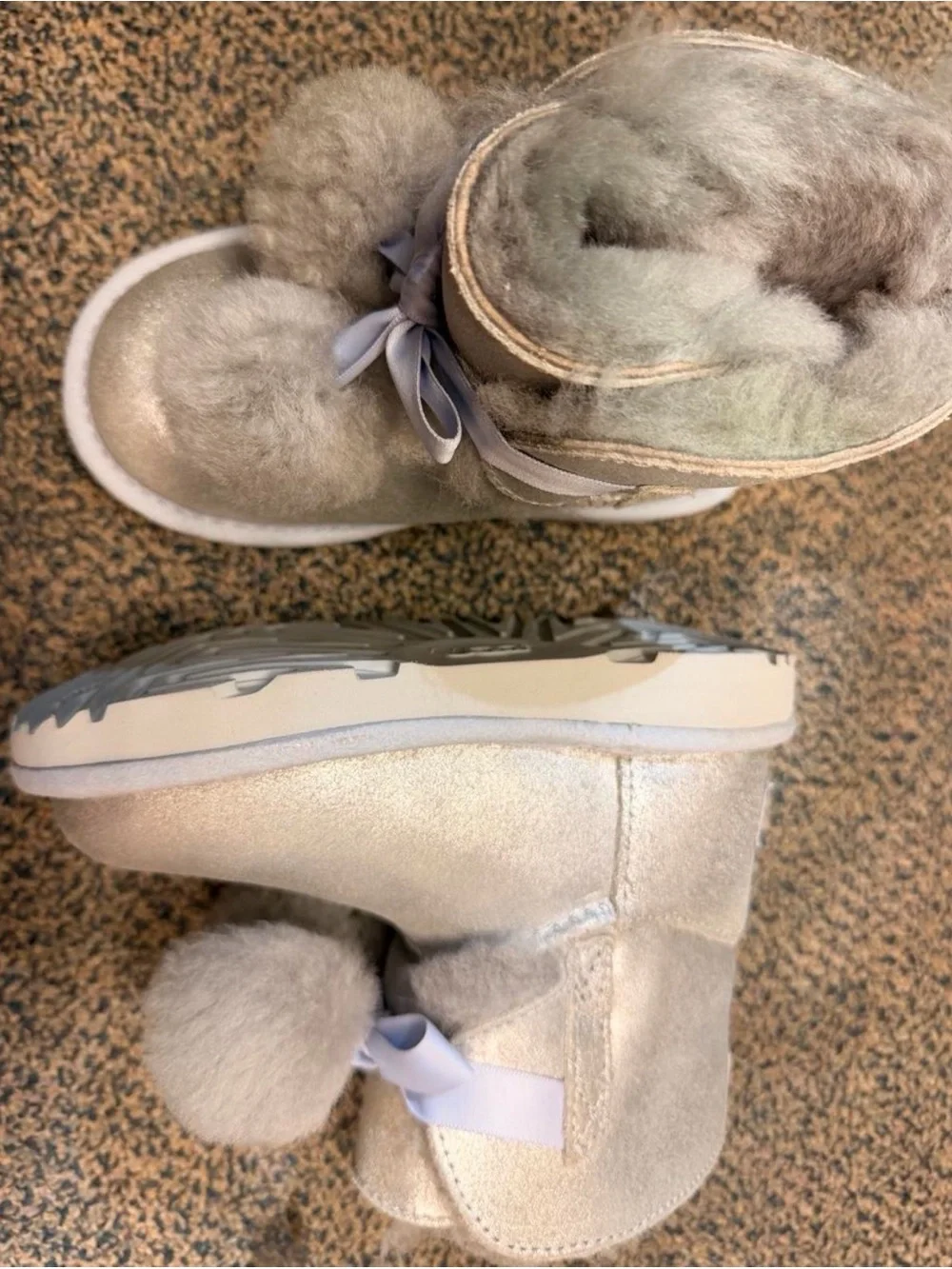 Uggs Kids Metallic Silver Plush Pom-Pom Winter Boots